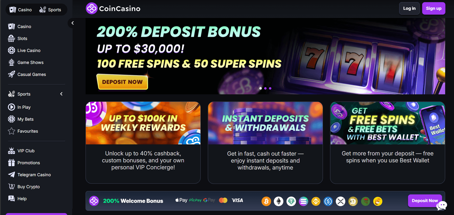 CoinCasino Australia casino lobby showing 200% deposit bonus up to $30,000 with Free Spins and Super Spins for real money play