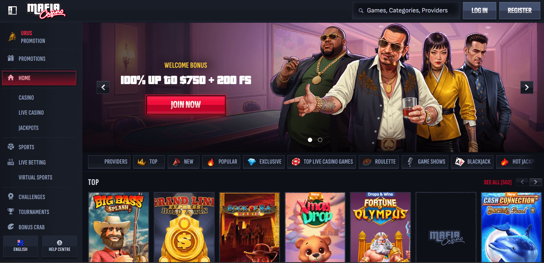 MafiaCasino casino lobby for Australian players highlighting 100% welcome bonus up to $750 with 200 Free Spins on pokies and live casino games