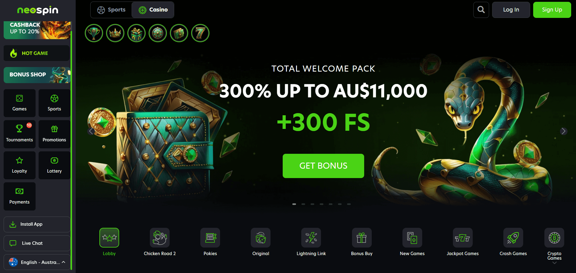 NeoSpin Australia mobile casino interface advertising 300% welcome pack up to AU$11,000 with 300 Free Spins for online pokies