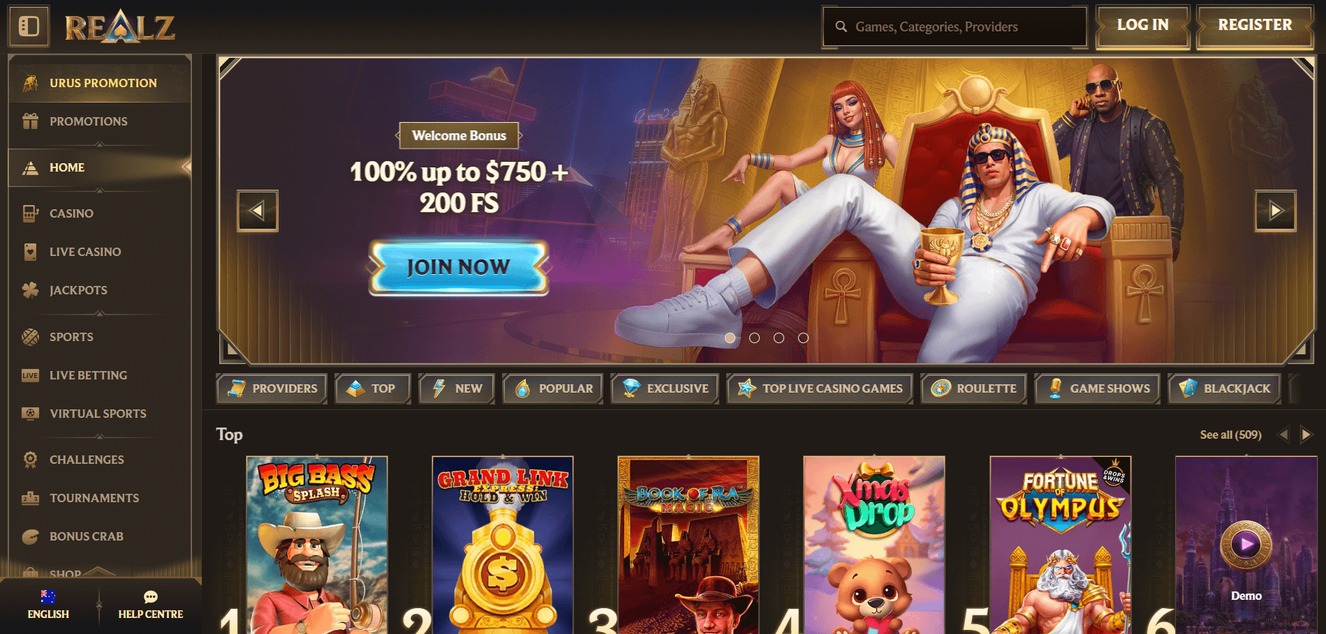 Realz online casino Australia lobby showcasing 100% welcome bonus up to $750 with 200 Free Spins on real money pokies and live casino options